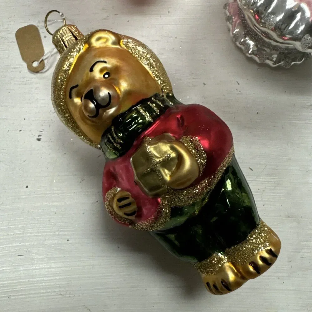 Lot of 3 Blown Glass Tree Ornaments Vtg‎ Christmas + Teddy Bear + Piggy + Cake